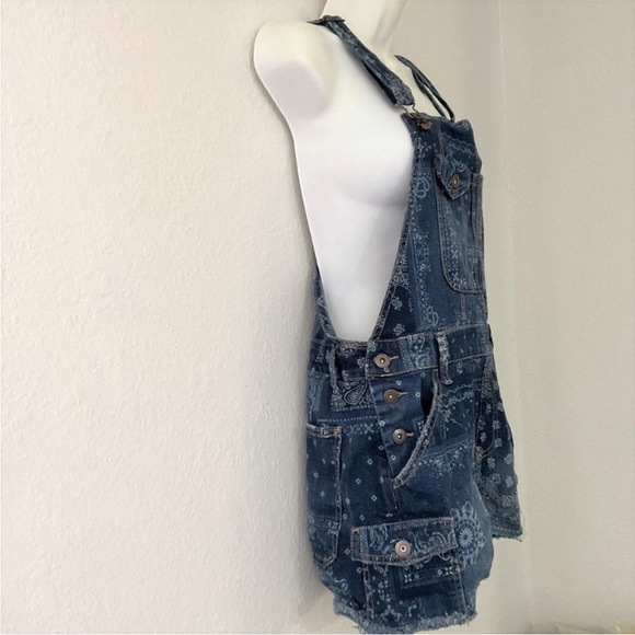 Festival Blue White Denim Bandana Overall Shortalls Size M 7-9 Americana - Picture 3 of 14
